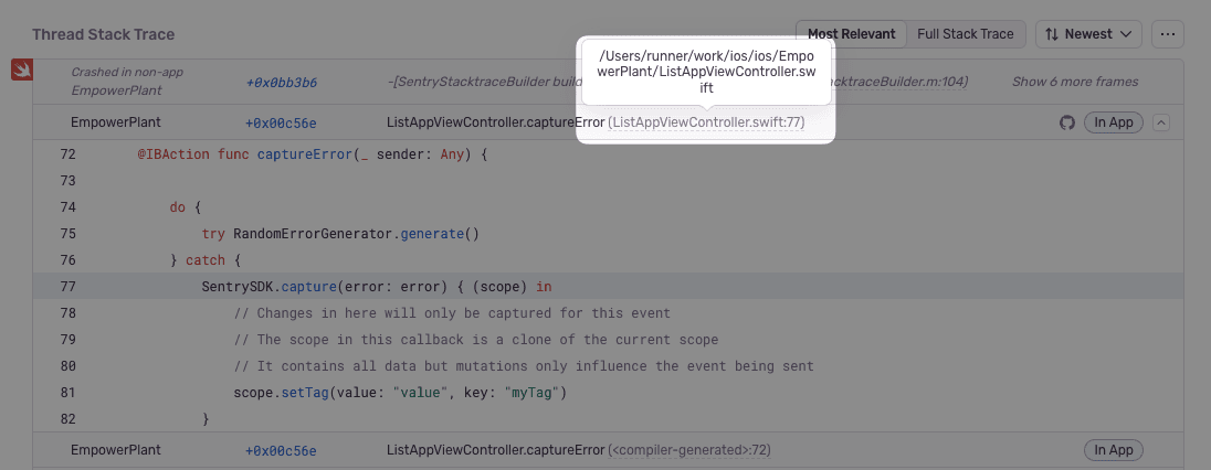 Highlighting where in the UI to find the file path for native stack traces